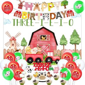 Farm Animal 3rd Birthday Decorations, Three i e i o Farm Party Decorations Backdrop Cake Topper Happy Birthday Banner, Farm Animal Balloons Cupcake Toppers for 3rd Kids Barnyard Farm Party