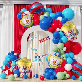 139pcs كرنفال سيرك البالون جارلاند جارلاند أكياس ، البالونات الملونة الأولية باللون الأحمر الأزرق الأخضر اللاتكس 4 د جولة بالونات زرقاء زرقاء كبيرة بالون مهرج الفشار البالون للكرنفال