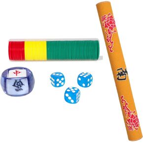 حصيرة Mahjong مع 3 الزهر ، وغطاء طاولة تقليل الانزلاق والضوضاء (أصفر ، 31.5 بوصة) ، مجموعة ملحقات Mahjong ، رقائق 68pcs للعبة Mah Jongg ، مؤشر واحد و 3 زهر أزرق