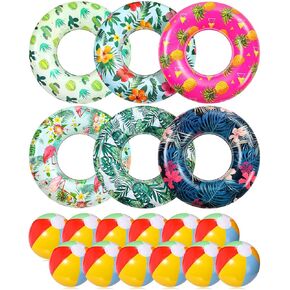 6 Pack 32 Inch Tropical Leaves Pool Floats Tube Inflatable Swimming Tubes Rings 12 Pcs Beach Balls Float Toys for Adults Summer Beach Hawaii Luau Party Supplies