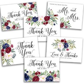 Hadley Designs Navy Floral Burgundy Wedding Thank You Cards With Envelopes - Thank You Cards Wedding Bulk from the New Mr and Mrs, Appreciation Notes for Guests (54-pack, 3x5 inches)