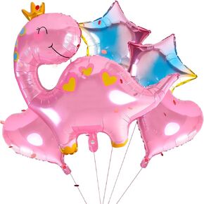 Dinosaur Birthday Decorations for Girls - 5 Pcs Pink Crown Dinosaur Balloon Set with Star & Heart Foil Balloons, Party Supplies for Girls' Birthday Celebrations
