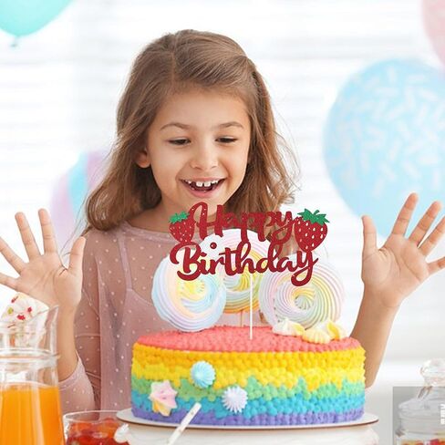 BEISHIDA Happy Birthday Cake Topper Strawberry Cake Topper Birthday Cake Decoration Red Glitter Happy 1st 2nd 3rd Fruit Themed Decoration For Girls Party Supplies in Saudi Arabia