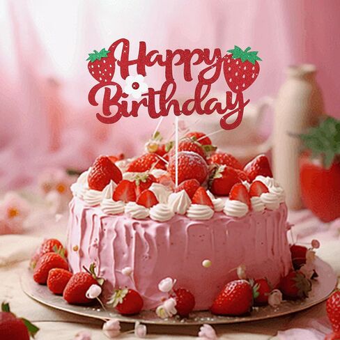 BEISHIDA Happy Birthday Cake Topper Strawberry Cake Topper Birthday Cake Decoration Red Glitter Happy 1st 2nd 3rd Fruit Themed Decoration For Girls Party Supplies in Saudi Arabia