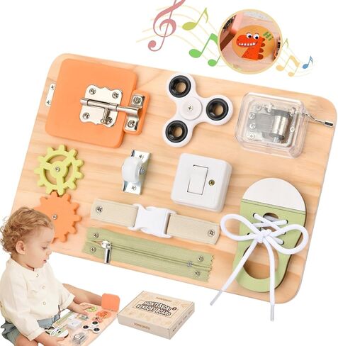 Busy Board for Toddlers - Montessori Educational Fidget Toys for 1 2 3 4 Years Old Baby Gifts - Wooden Sensory Toys for Autistic Children-Preschool Learning Activities for Fine Motor Skills–Travel Toy in Kuwait