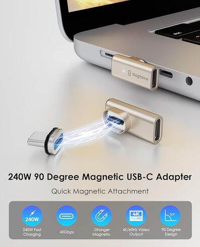 محول USB C مغناطيسي بقدرة 240 وات بسرعة 40 جيجابت في الثانية، حزمة واحدة من محولات النوع C المستقيمة مع نصيحتين، نقل بيانات سريع الشحن 24 سنًا 4K 60 هرتز لأجهزة الكمبيوتر المحمول USB 3/4 MacOS Pro/Air وأجهزة الكمبيوتر المحمول من النوع C in Kuwait