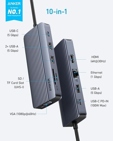 Anker 8-in-1 USB-C Hub, USB C Docking Station Triple Display Multi-Port Dongle with 2 HDMI and VGA, 5Gbps Data Transfers, USB Ports for MacBook Air/Pro, Dell XPS, iPad Pro, and More in Saudi Arabia