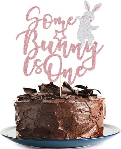 Some Bunny Is One Cake Topper with Glitter Easter Bunny First Birthday Cake Pick for Happy Easter Themed Baby Shower Kids 1st Birthday Party Cake Decorations Supplies in Saudi Arabia