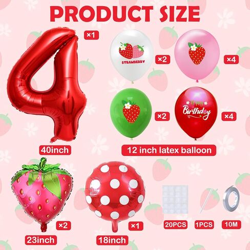 16-Pack Strawberry Balloons Set, Strawberry Foil Balloon for Berry 4nd Birthday Party Supplies, Strawberry Themed Party, Birthday Party Decorations for Girls（4） in Saudi Arabia