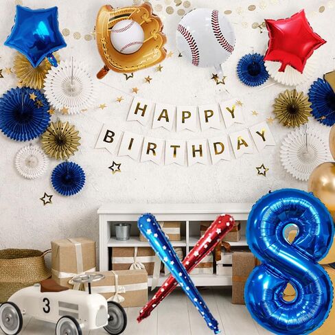 Baseball Balloons Baseball Party Decorations, Navy Blue Foil Number Balloons 40 inch Number 8 Balloon, Baseball Themed Party Supplies 8th Baseball Birthday Decorations for Boys in Kuwait