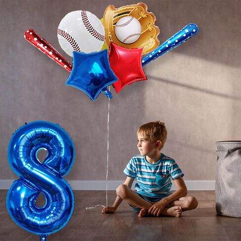 Baseball Balloons Baseball Party Decorations, Navy Blue Foil Number Balloons 40 inch Number 8 Balloon, Baseball Themed Party Supplies 8th Baseball Birthday Decorations for Boys in Kuwait