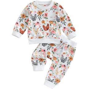 Toddler Baby Girl Boy Easter Outfit Chicken Print Crewneck Sweatshirt Tops Elastic Pants Infant Spring Clothes