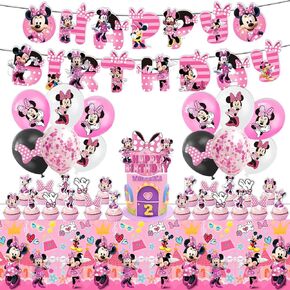 مستلزمات حفلات عيد ميلاد Pink Minnie ， مجموعة زخرفة الحفلات ميني تشمل لافتات عيد ميلاد سعيد ، مفرش المائدة ، البالونات وأغطية الكعك ، حفلة ميني