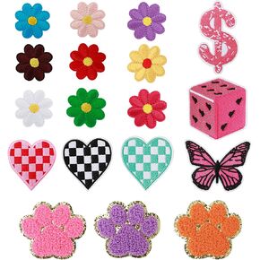 Daisy Embroidered Patches Iron, Colorful Embroidery Patches Versatile Sew on Patches Iron On Decal Include Hearts, Flowers, Paws, Ironable Applique Patch for Jeans Backpacks Repair Decoration(18pack)