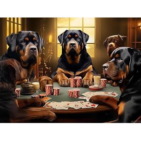 Qaceyid Diamond Painting Kits للبالغين Rottweiler Dogs يلعب لعبة البوكر Diamond Art DIY 5D كامل الجولة الحفر الفنون والحرف اليدوية لديكور المنزل ديكور الجدار 12x16 بوصة