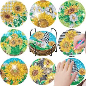 SGUBST Diamond Painting Coasters Kits ، 8 PCS Diamond Art Coasters with Holder ، Diy Crafts Kits - Sunflower Coasters مجموعات فن الماس للبالغين للمبتدئين