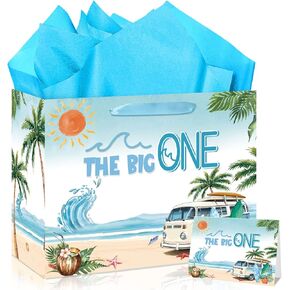 Yomaiha The Big One One First Home Gift Bag The Big One Party Decoration Supplies Summer Surfing Beach 1st First Birthday Wrapping Witch with tissue paper reeting card for boys girls