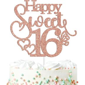 Happy Sweet 16 Cake Topper, Butterfly Theme for 16th Birthday Cake Decor,Hello 16,Sweet Sixteen/16 Years Old Birthday Party Supplies, Gold Glitter