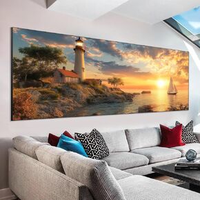 VAIIEYO Large Diamond Art Kits for Adults Lighthouse, Diamond Art Sunset, Large Diamond Painting Kits Full Drill Round Rhinestone Craft Canvas for Home Wall Decor Gift 12x31 inch