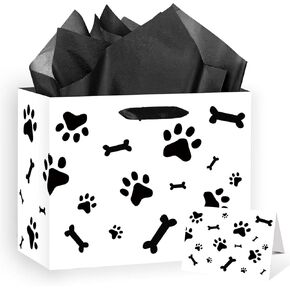EIGHTSTATES White Dog Paw Print Gift Bag - Large Dog Gift Bag with Paw Print Wrapping, Tissue Paper & Cards for Dog Themed Parties (Girl/Boy Kids Birthday & Baby Shower Supplies)