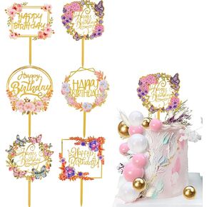 Flower Happy Birthday Cake Toppers Gold Acrylic Dessert Cupcakes Toppers Party Decoration Supplies 6 Pcs