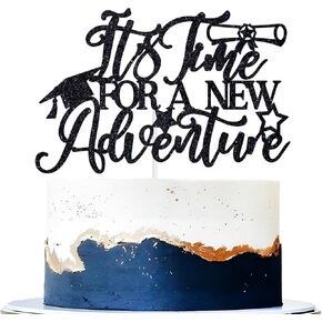 It's Time for a New Adventure Cake Topper, New Beginning New Chapter, Adventure Awaits, Class of 2025 Graduation Farewell Travel Party Decorations Supplies, Black Glitter