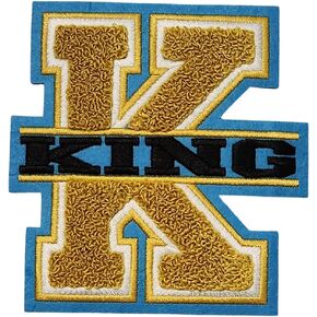 K King, Chenille Iron-on Patch, Size 6", Gold|Blue|White|Black, Patch for Men's Jacket, Hoodies, & More
