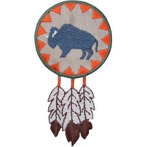 Indian Buffalo Round with Feathers (Dream Catcher) - Embroidered Iron on Patch