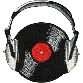 Novelty Iron on - Music Themed Rock n Roll Record With Headphones Black Logo Patch, Multicolor, 3.125" x 3.25"
