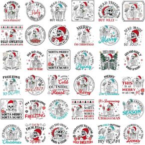 Gilprop 36 Sheets Christmas Skeleton Iron on Transfers ، Transfers DTF عيد الميلاد جاهز للضغط على ملصقات نقل الحرارة العظمية الحديد على شارات الفينيل لقماة T Hat Clothing Decoration Xmas Decoration