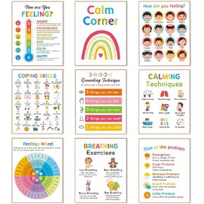9 Calming Corner Posters, Feelings Chart for Kids, Calm Down Corner Mental Health Posters, Preschool Classroom Educational Poster Emotions Chart Coping Skills, Wall Art Decoration Mood Calming Sticker