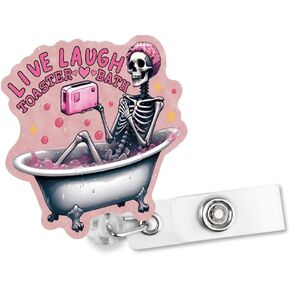 Live Laugh Toaster Bath Retractable Glitter Badge Reel with Alligator Clip, Funny Skeleton Badge Holder for Night Shift Nurse Medical Worker, Valentine's Day Birthday Gifts for Nursing Student
