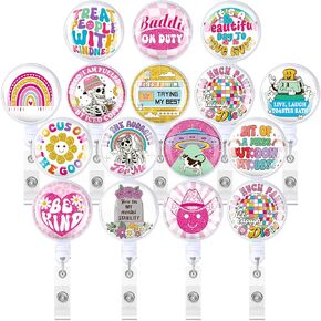 Blosssound 16 Pcs Funny Badge Reel Nurses Retractable Badge Reel Fun ID Holder Clip Bulk Retro Groovy Humor Name ID Clip for Nursing Doctor Teacher Student Medical Assistant Coworker Gifts