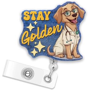 Erhachaijia البقاء ذهبيا بكرة شارة بريق قابلة للسحب مع مقطع ، لطيف Golden Retriever Gold Golit Glitter هدايا لعشاق الكلاب MA الممرضة ، الهدايا نعمة لعامل المستشفى زميل العمل