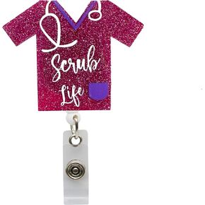 Pink Glitter Scrub Life Id Edge Reel - RN حامل قابل للسحب مع مقطع التمساح لأطباء المستشفيات وموظفي المكتب