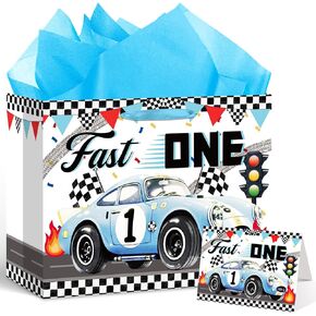 Innovoscape Fast One 1st Birthday Gift Bag for Baby Boys Large Race Car Happy 1st First Birthday Gift Bag with Wrapping Paper Card for Race Car One Year Old Bday Decorations Party Supplies