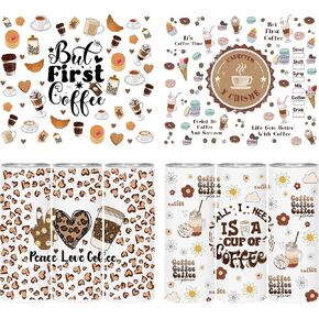 UV DTF Cup Wraps Sticker - 4 Sheets Coffee UV DTF for 20 OZ Glass, Peace Love Coffee, Icecream, Cake, Drink, Daisy, Waterproof Rub on Transfer Sticker, Gifts for Friends