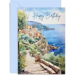 Old English Co. Artistic Birthday Card for Men and Women - Watercolour Italian Almalfi Coast Birthday Card for Him Her - Traditional Birthday Card | Blank Inside with Envelope