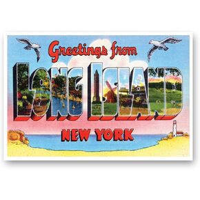 GREETINGS FROM LONG ISLAND, NY vintage reprint postcard set of 20 identical postcards. Large Letter Long Island, New York city name post card pack (ca. 1930's-1940's). Made in USA.