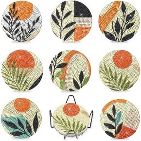 Diamond Art Coasters Kit, 8 Pcs Abstract Plants Diamond Painting Coasters with Holder, DIY Crafts Kits for Adults Beginners, Coffee Cup Pads, Non Slip Coaster Art Supplies