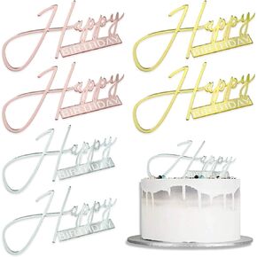 6 Pcs Happy Birthday Cake Topper Mirror Rose Gold Silver Baking Food Acrylic Metal Accessory Baby Shower Party Decorations Supplies