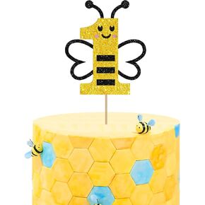 Bumble Bee الرابع من كعكة عيد الميلاد Topper ، Bee Four Cake Topper ، Black & Gold Glitter Honey Bee Bee 4 سنوات