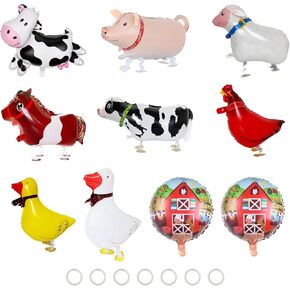 10 PCS Farm Animals Balloons, KUAOOAUK Foil Walking Animal Balloons with 7 PC Towing Ropes, Inflatable Farm Birthday Decorations for Theme Baby Shower Party Supplies (Horse Duck Pig Rooster Cow Sheep)