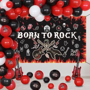 Crenics Rock and Roll Party Decorations - Born to Rock Backdrop Banner و Balloons Arch Kit و Guitar Phoil Balloons for Star Music Thief Firth Party Supplies