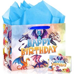 Yomaiha Dragon Birthday Party Favors Bag Dragon Birthday Gift Bag with Tissue Paper Greeting Card Dragons Wrapping Paper for Boys Girls Party Supplies
