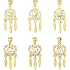 DanLingJewelry 6Pcs Golden Color Dream Catcher Charms Pendants with Feather Brass Micro Pave Cubic Zirconia Dreamcatcher Charms for Jewelry Making DIY