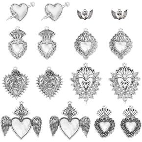 Sunnyclue 1 Box 16pcs 8 Styles Heart Charms Scred Heart Charms Bulk Tibetan Silver Alloy Wings Holday Charms for Jewelry Making Diy Netlace Strainring Encoring Halloween Decoration Gift