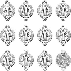 60 Pieces Metal Round Religious San Judas Charms with Two Loops Mexican Bracelets Medalla De San Benito Pendant Connector Link Charm DIY Catholic Jewelry Making