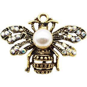 Zocita 10 Pcs Antique Gold Bee Charms Rhinestone Alloy Faux Pearl Honeybee Pendants with Holes for DIY Necklace Bracelet Earring Jewelry Making and Crafting