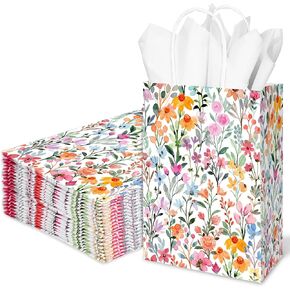 JarThenaAMCS 24Pcs Wildflower Paper Gift Bags Watercolor Floral Colorful Flower Party Favor Bags with Handle and 30 Sheets Tissue Paper for Wedding Birthday Baby Shower Wrapping